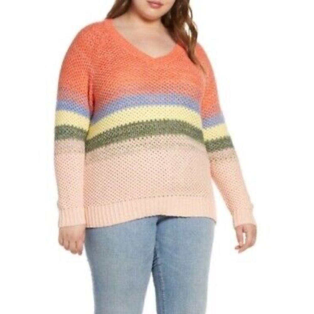 Caslon Ombré Color Block Stripe V-Neck Plus Size Pullover Sweater Orange Size 4X